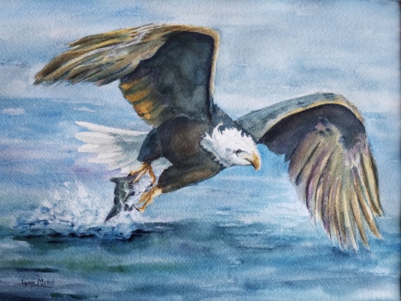 ORIGINAL, Bald Eagle Fishing on Mountain Lake Watercolor Painting
