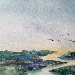 ORIGINAL Watercolor Wetlands Painting, Coastal waterway landscape artwork, wetland birds watercolour, river backwater art, Lynn Marie Jones. image 3