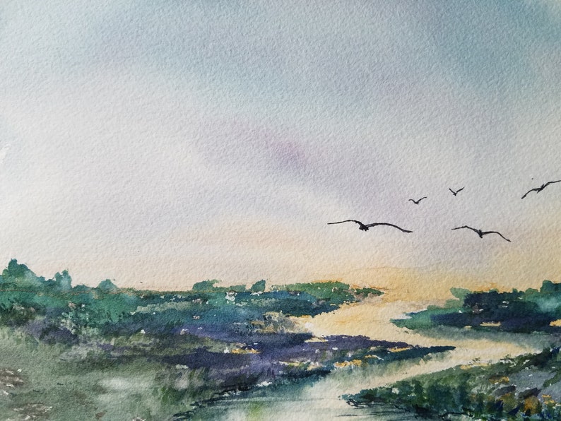 ORIGINAL Watercolor Wetlands Painting, Coastal waterway landscape artwork, wetland birds watercolour, river backwater art, Lynn Marie Jones. image 3