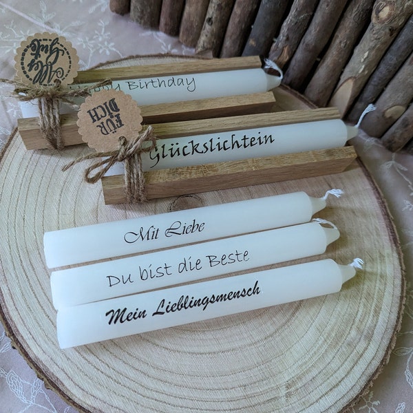 Beschriftete Kerze *Wunschtext*  + mit oder ohne Holzverpackung und mit Kärtchen