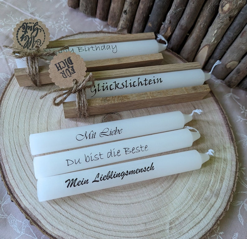 Beschriftete Kerze Wunschtext mit oder ohne Holzverpackung und mit Kärtchen Bild 1