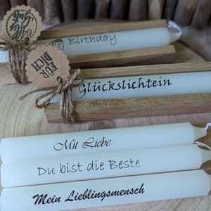 Beschriftete Kerze Wunschtext mit oder ohne Holzverpackung und mit Kärtchen Bild 3