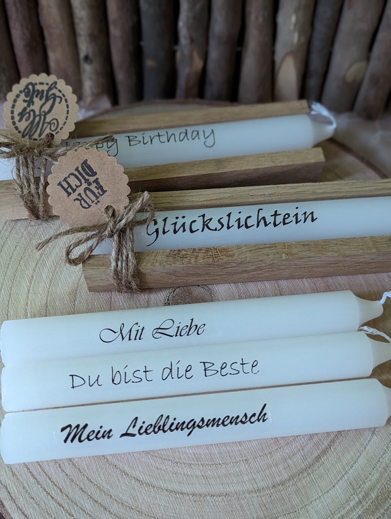 Beschriftete Kerze Wunschtext mit oder ohne Holzverpackung und mit Kärtchen Bild 3