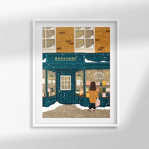 Snowy Bookshop - Art Print | illustration drawing decor winter snow books cozy hygge