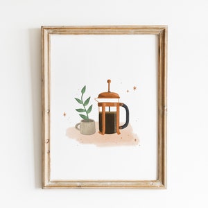 French Press - Art Print | illustration drawing decor coffee cafe espresso hygge cozy plant