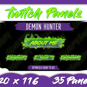Può includere: Un set di pannelli Twitch con una combinazione di colori verde neon e viola. I pannelli includono "About Me", "Schedule", "Rules" e "Instagram". Viene visualizzato anche il testo "Demon Hunter". L'immagine è ottimizzata e pronta all'uso.