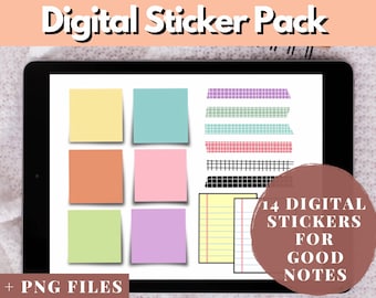 Paquete de pegatinas digitales GoodNotes: notas adhesivas y cinta washi (PNG precortado)