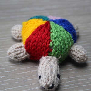 May include: A colourful knitted turtle toy with a red, yellow, green, blue and pink shell. The turtle has a beige body and a small face.