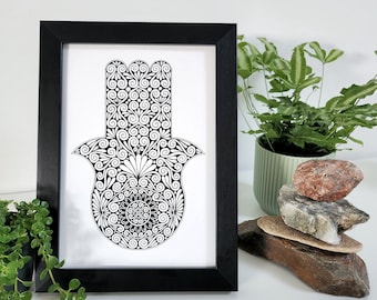 Black and White Mandala Print | Hamsa Hand Hand of Fatima