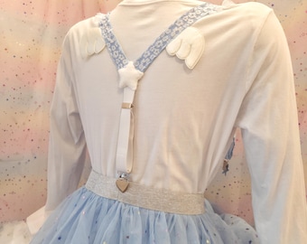 Sweet Adult Suspenders, with wings! For skirts or pants! blue, white, flowers, stars 1012