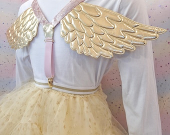 Sweet Adult Suspenders, with wings! For skirts or pants! gold, pink, stars 1014