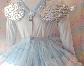Sweet Adult Suspenders, with wings! For skirts or pants! blue, silver, stars, silver chains, ruffles, bows 1016