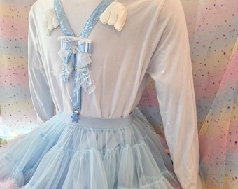 Sweet Adult Suspenders, with wings! For skirts or pants! blue, white, bow 1023
