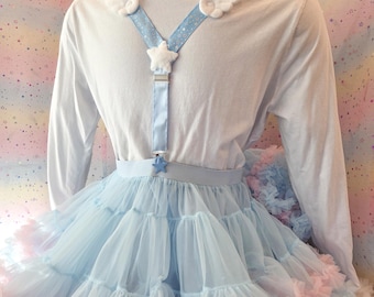 Sweet Adult Suspenders, with wings! For skirts or pants! blue, white, stars, ruffles, bow 1010