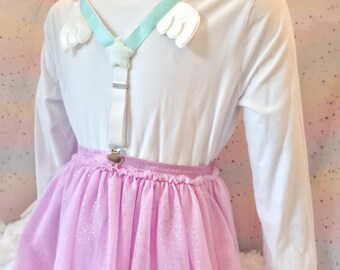 Sweet Adult Suspenders, with wings! For skirts or pants! aqua, white, ruffles, stars, bird 1008