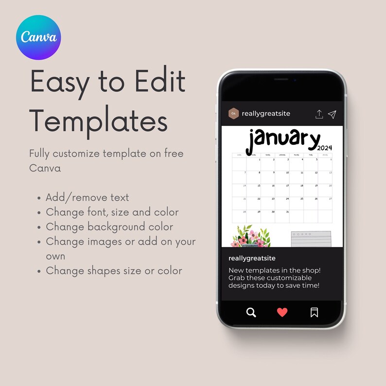 2024 Month to View CALENDAR Printable PDF CANVA Template Sunday Start ...