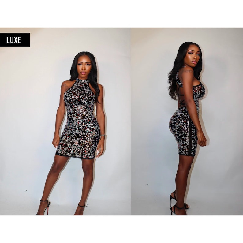 Women's Birthday Luxe Sheer Mesh Black Multicolor Rhinestone