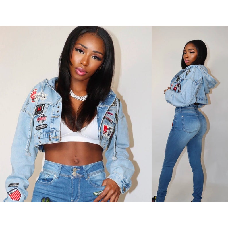 Women's Jean Denim Cropped Hoodie With 