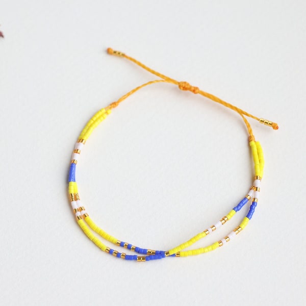 Bracelet été coloré multi rangs perles MIYUKI Bleu Jaune Doré style accumulation estival bohème ESPIEGLERIES