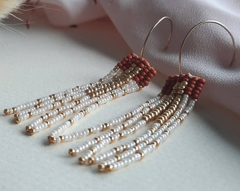 Earrings with dangling fringes woven with Japanese terracotta glass beads boho chic style