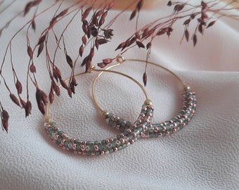 Multicolored hoop earrings woven miyuki pearls soft colors, green, pink gold pearly reflections boho chic style