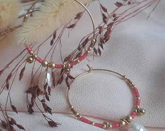 Gold-filled gold hoops and miyuki and gold glass beads and mother-of-pearl pendant