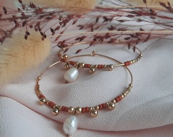 XXL hoops gold goldfilled and miyuki and gold glass beads and mother-of-pearl pendant