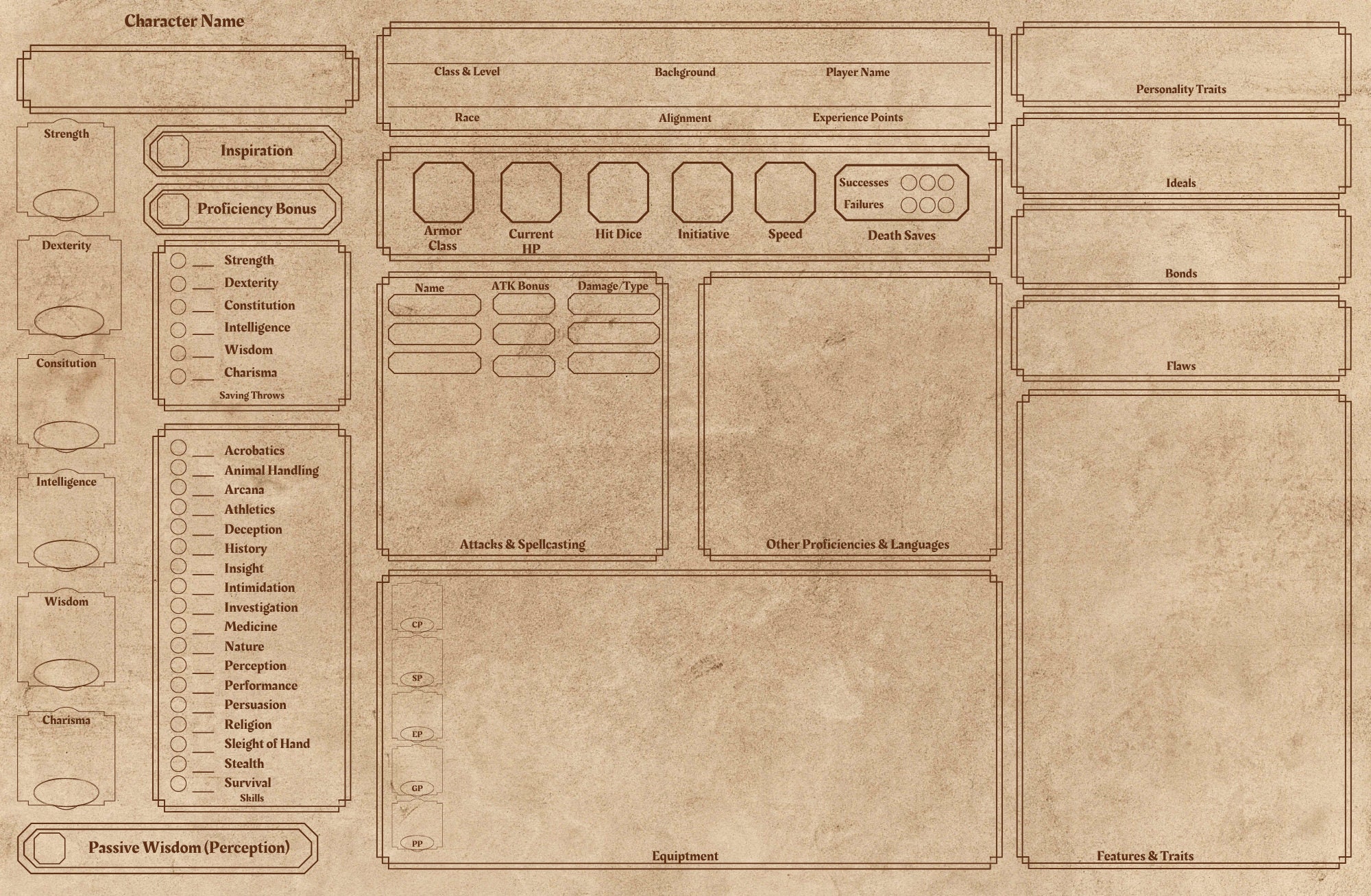 Dnd 5e Digital Character Sheet Parchment Etsy Norway