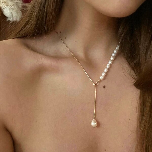 Elegante collar de perlas naturales de agua dulce | Collar de perlas barrocas | Joyas chapadas en oro de 18k | gargantilla de perlas oro | resistente al agua y al óxido