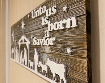 Nativity Scene, Laser Cut, Painted White with Sparkly Glitter, Placed on a Rustic Plank Board