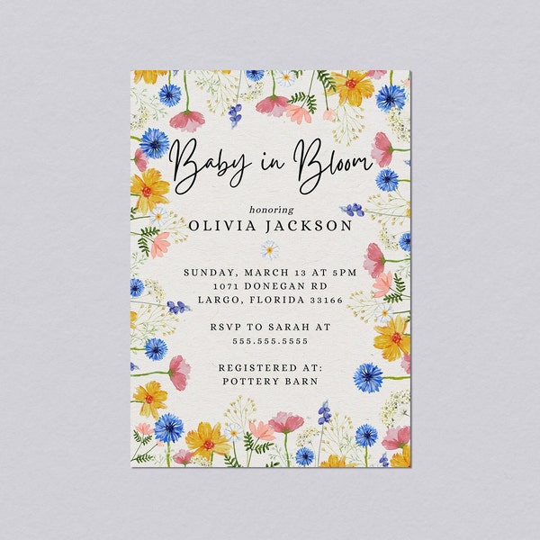 Floral Baby in Bloom Invitation, Printable Baby Shower Invitation, Gender Neutral Baby Shower Invite, Customizable Digital Download