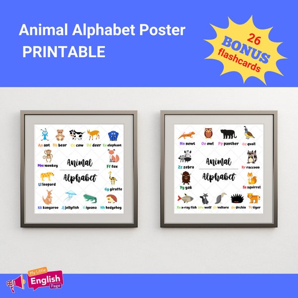 Animal Alphabet Poster | Printable Poster to LEARN ENGLISH | Kids Flashcards