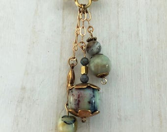 Gemstone and Brass Dangle Necklace
