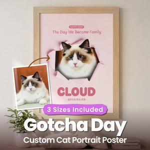 May include: A framed custom cat portrait poster with a Ragdoll cat design. The poster has a pink background with a torn effect, the text "CLOUD", "Gotcha Day", and "The Day We Became Family". Includes 3 sizes.