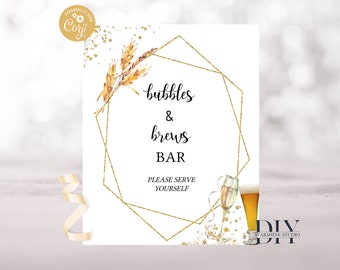Bubbly Bar Sign, Bubbles Brews Bridal Couples Shower, Champagne, Bar Sign, Instant Download, Printable Template, DIY, Edit Yourself