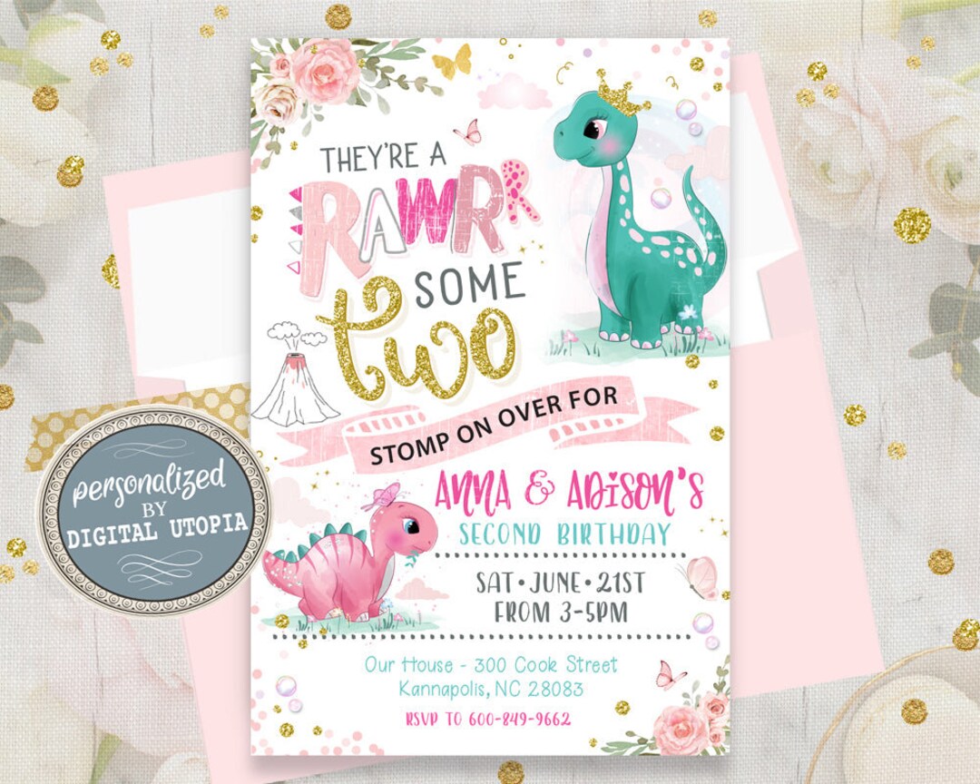 Dinosaur Joint Birthday Invitation Girls Twins Roarsome Two Pink and Gold Dino Party Invitations