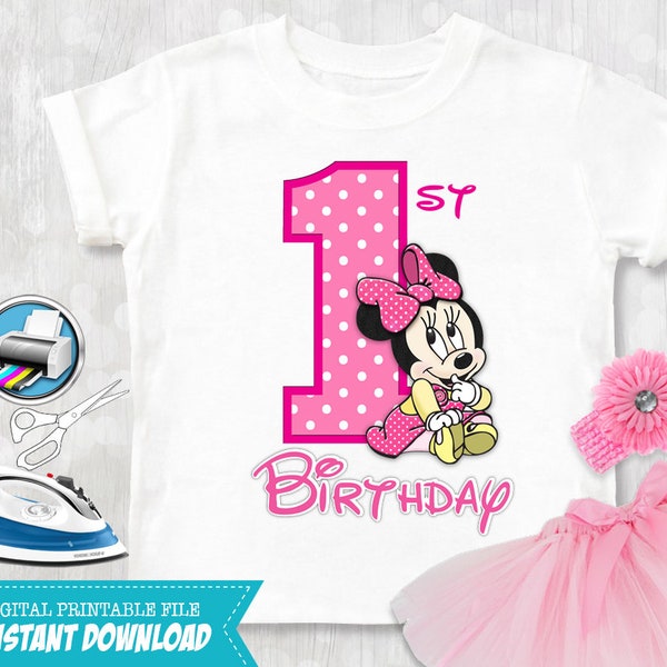 Minnie Mouse Birthday Iron On Shirt - Pink First Birthday Outfit - Printable Decal Digital Transfer - INSTANT DOWNLOAD