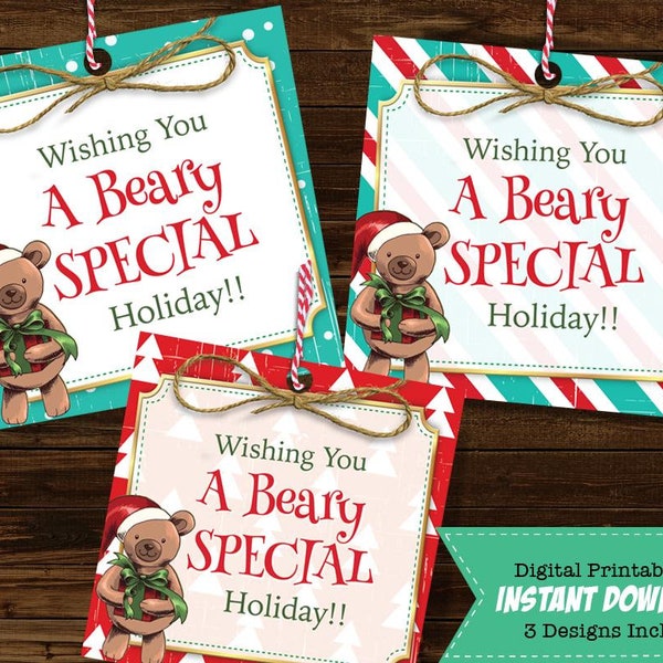 Teddy Bear Christmas Gift Tags - A Beary Special Holiday Hang Tag - Teddy Bear Holiday Favors - Includes 6 Designs - INSTANT DOWNLOAD