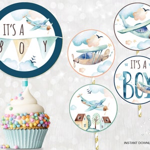 Airplane Baby Shower Cupcake Topper - It's A Boy Blue Favor Tags - Plane Baby Shower Party Decoration Printable Labels INSTANT DOWNLOAD 0001