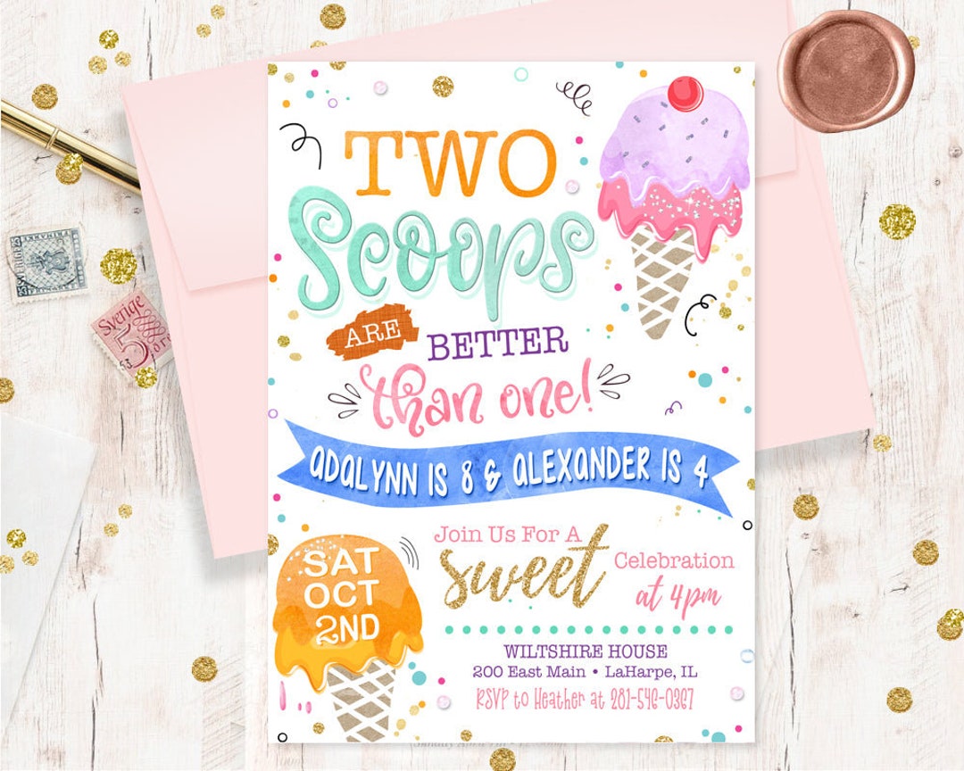 Editable Double the Scoops Twin Birthday Ice Cream Invitation -   Portugal