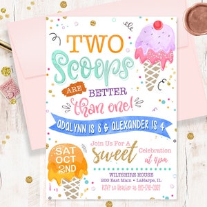 Joint Ice Cream Birthday Invitation - Twins Two Scoops Are Better Than One Birthday Invitations - Boy Girl Double Scoop Ice Cream Party