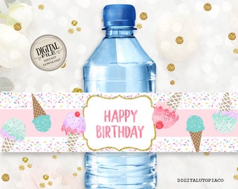 Ice Cream Water Bottle Wrapper - Two Scoops Happy Birthday Printable  Water Bottle Labels - INSTANT DOWNLOAD