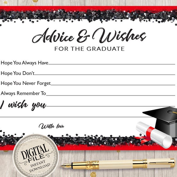 Black and Red Graduation Advice Cards for the Graduate - Advice and Wishes Card - High School or College Party Favor - INSTANT DOWNLOAD