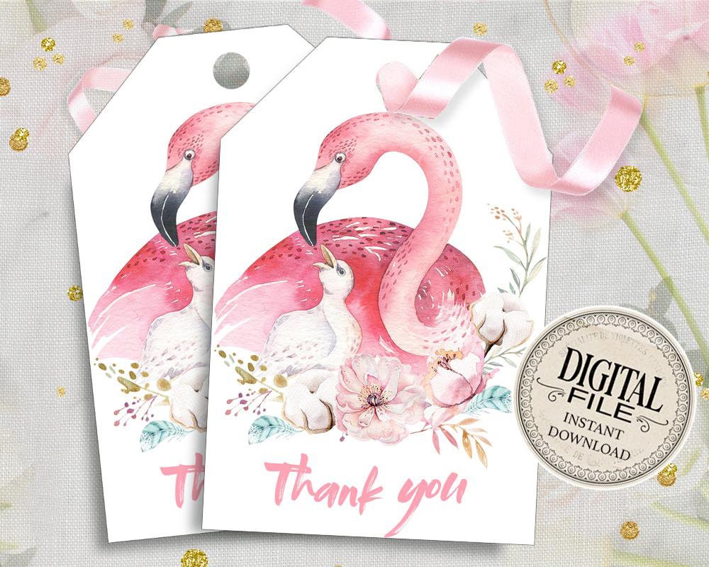 Flamingo Baby Shower Thank You Tags Pink Flamingo Birthday Party Favor Tag Tropical Floral Baby Girl Thank You Favors INSTANT