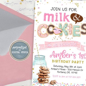 Milk and Cookies Birthday Invitation - Sweet Celebration - Girl First Birthday Cookie Party Invitations - Baking Birthday Party