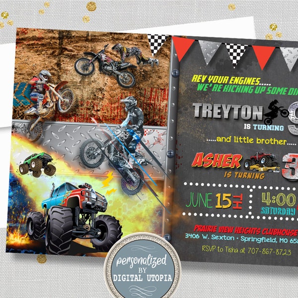 Dirt Bike Joint anniversaire Invitation - Joint Monster Truck frère anniversaire Invitations - Rev vos moteurs garçons Invitations - moto
