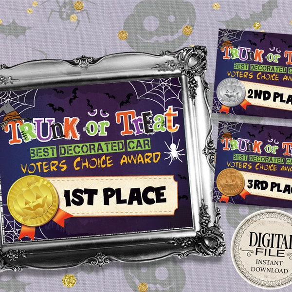 Trunk Or Treat Car Decorating Award - Halloween Trunk Or Treat 1st - 2nd - 3rd Place Certificate - Car Decorating Awards - INSTANT DOWNLOAD
