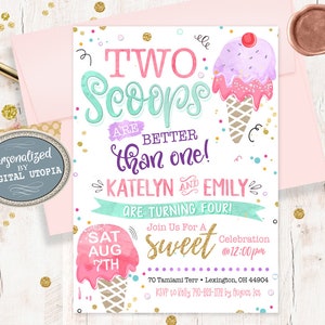 Ice Cream Birthday Invitation - Twins Two Scoops Are Better Than One Girl Invitations - Joint Double Scoop Ice Cream Party Pink - Siblings