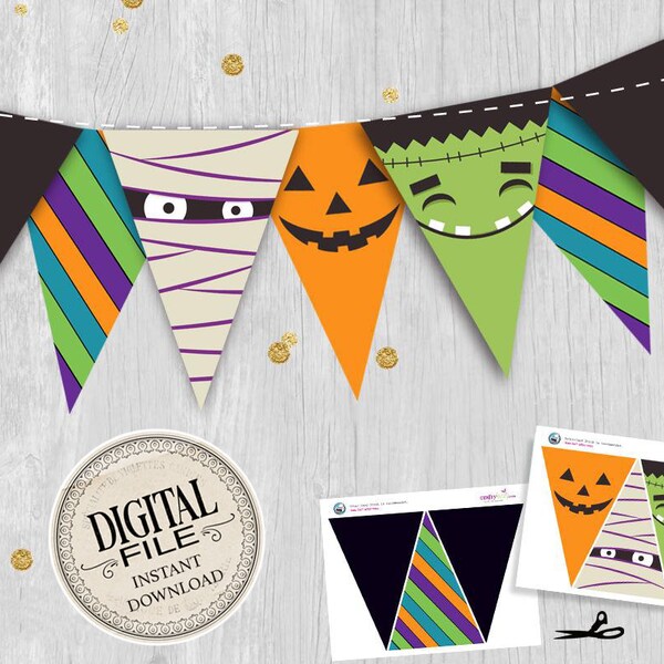 Monster Pennant Banner - Halloween Banner - Bunting Flags - Printable Halloween Party Decor - Monster Party Decor - INSTANT DOWNLOAD