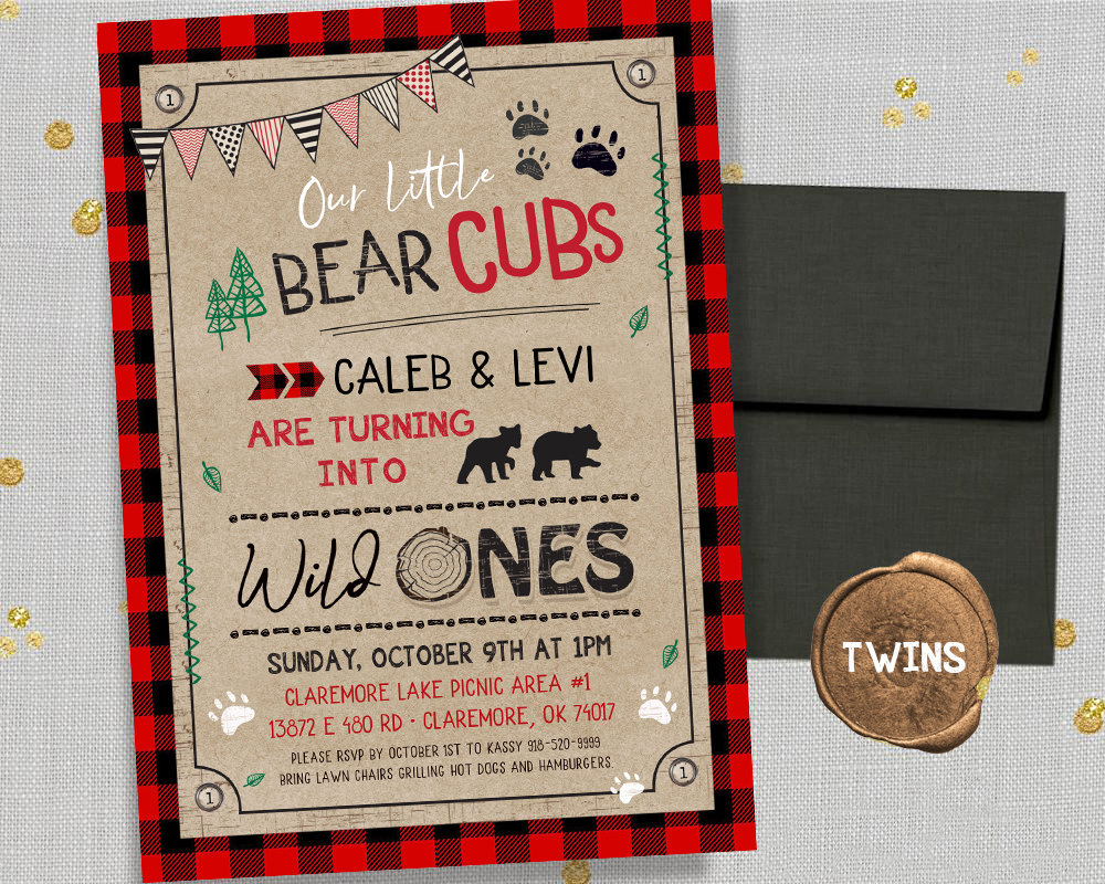 Twins First Birthday Wilderness Invitation Triplets Lumberjack Invitations Joint Wild One Bear Invitation Buffalo Plaid Red